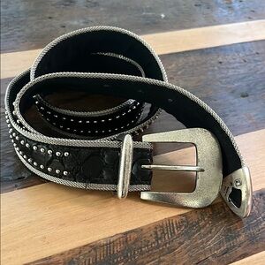 Western Style Black Leather Belt with Silver Detailing ITALY